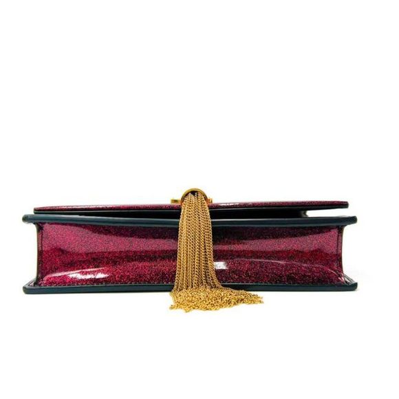 Saint Laurent Monogram Kate Chain Wallet Glitter Tassel Red Patent Leather Shoul - Picture 7 of 12